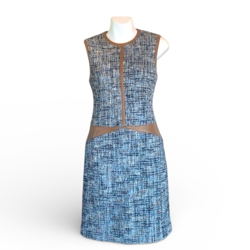 Worth dress Women's 4, blue tweed sheath, tan leather trim, sleeveless, zip. EUC